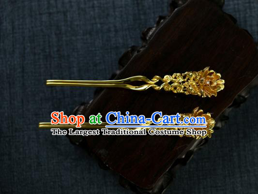 Chinese Ancient Court Woman Pearl Hair Stick Traditional Ming Dynasty Wedding Golden Hairpin