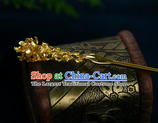Chinese Ancient Court Woman Pearl Hair Stick Traditional Ming Dynasty Wedding Golden Hairpin