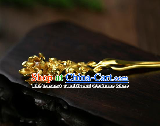 Chinese Ancient Court Woman Pearl Hair Stick Traditional Ming Dynasty Wedding Golden Hairpin