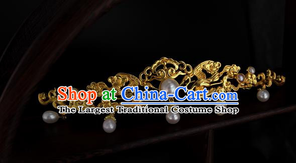Chinese Ancient Hanfu Hair Accessories Traditional Ming Dynasty Golden Crane Hair Crown Handmade Pearls Tassel Hairpins