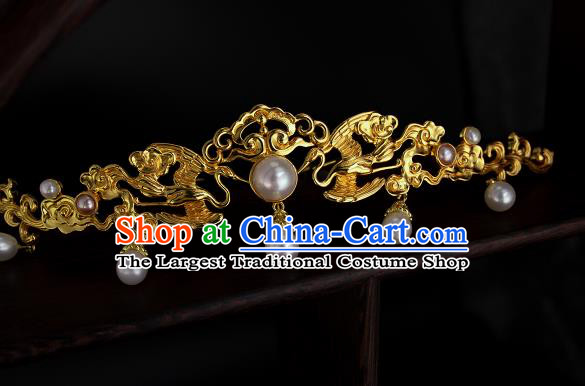 Chinese Ancient Hanfu Hair Accessories Traditional Ming Dynasty Golden Crane Hair Crown Handmade Pearls Tassel Hairpins