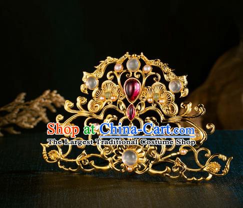 Chinese Traditional Tang Dynasty Golden Hair Crown Handmade Pearls Hairpins Ancient Wedding Hair Accessories