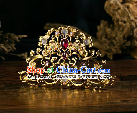 Chinese Traditional Tang Dynasty Golden Hair Crown Handmade Pearls Hairpins Ancient Wedding Hair Accessories