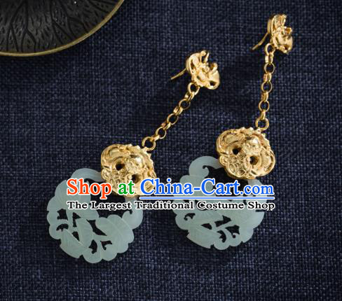 Chinese Ancient Empress Golden Ear Jewelry Traditional Ming Dynasty Jade Carving Lotus Earrings Accessories
