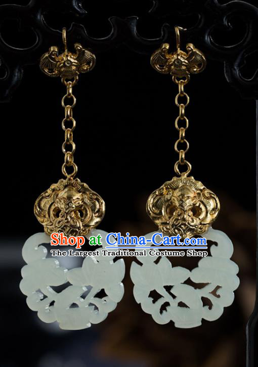 Chinese Ancient Empress Golden Ear Jewelry Traditional Ming Dynasty Jade Carving Lotus Earrings Accessories