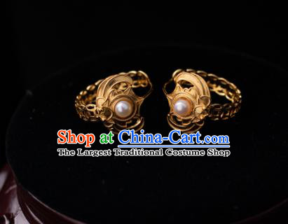 Chinese Traditional Qing Dynasty Empress Golden Bat Earrings Accessories Ancient Court Lady Pearls Ear Jewelry