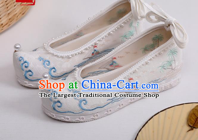 China Traditional Pearls Shoes Hanfu Bow Shoes Handmade National Shoes Embroidered Clouds Shoes