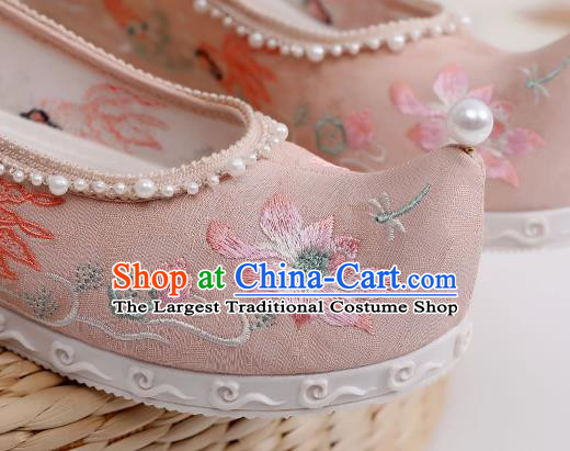 China Handmade National Pink Cloth Shoes Embroidered Lotus Shoes Hanfu Bow Shoes Traditional Pearls Shoes