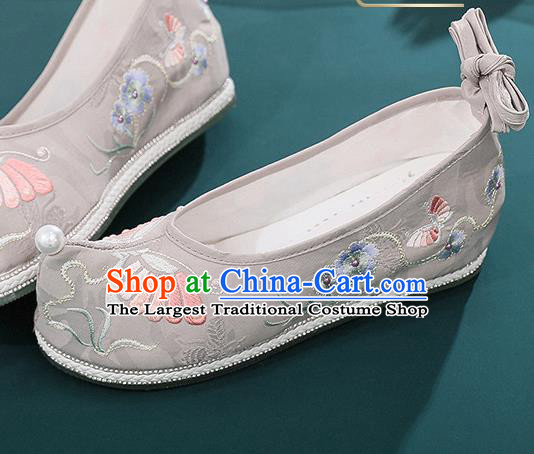 China Handmade National Grey Cloth Shoes Traditional Ming Dynasty Shoes Embroidered Butterfly Shoes Hanfu Bow Shoes