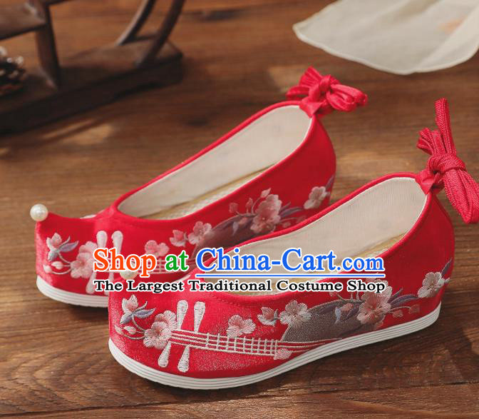 China Handmade Hanfu Bow Shoes National Red Cloth Shoes Traditional Wedding Shoes Embroidered Shoes