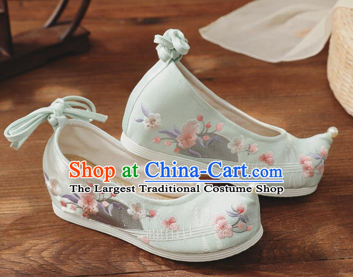 China Traditional Shoes Embroidered Shoes Handmade Hanfu Bow Shoes National Light Green Cloth Shoes