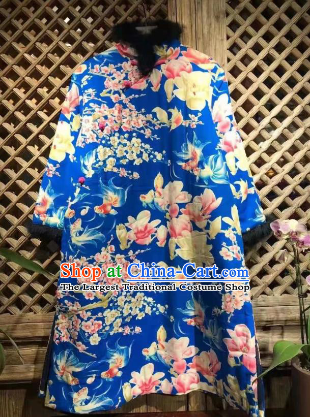 China National Costume Traditional Printing Mangnolia Blue Cloth Jacket Upper Outer Garment