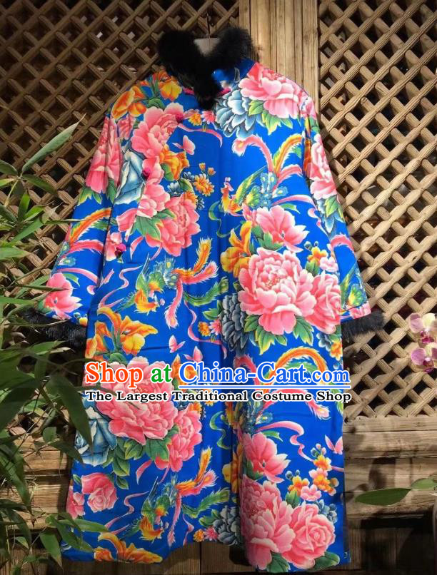 China Traditional Printing Phoenix Peony Royalblue Cloth Jacket National Costume Upper Outer Garment