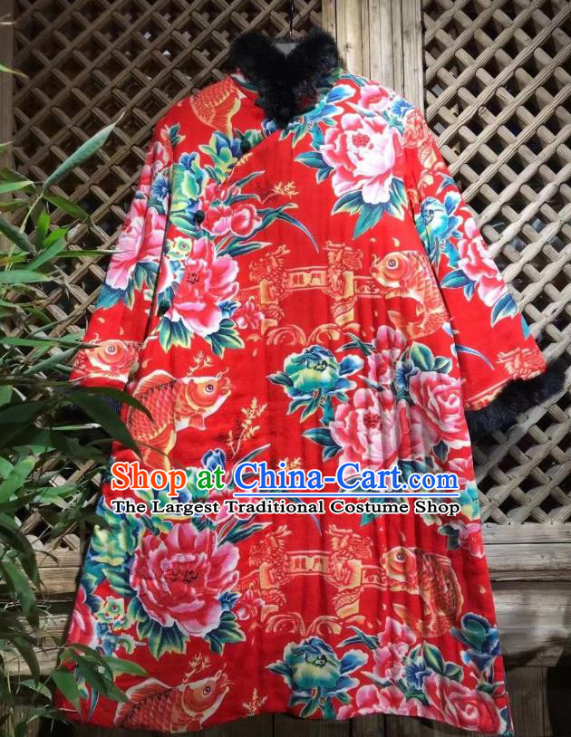 China Tang Suit Costume Traditional Printing Carp Peony Cotton Padded Coat National Wedding Upper Outer Garment