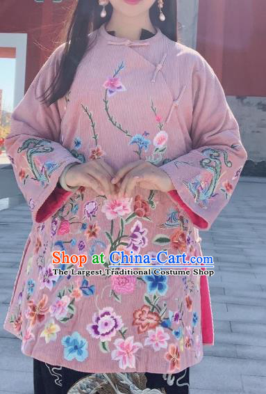 China Embroidered Flowers Cotton Padded Jacket Traditional National Tang Suit Upper Outer Garment