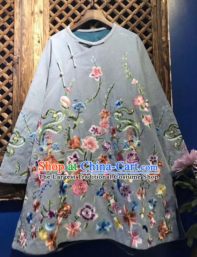China Traditional Blue Coat Embroidered Flowers Cotton Padded Jacket National Tang Suit Upper Outer Garment