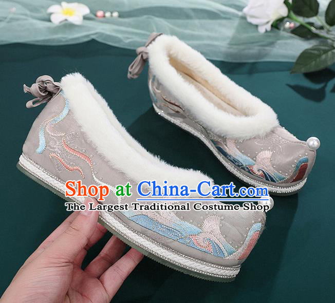 China Handmade National Grey Cloth Shoes Embroidered Shoes Hanfu Bow Shoes Traditional Winter Shoes