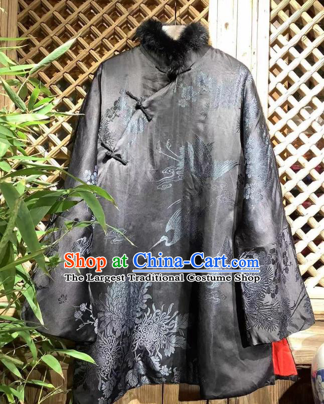 China Classical Black Silk Cotton Wadded Coat Traditional Chrysanthemum Pattern Jacket National Tang Suit Outer Garment