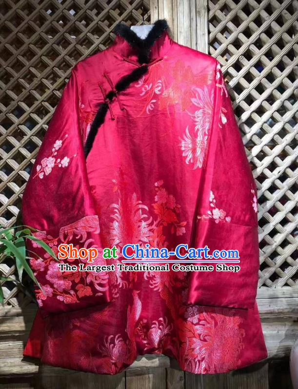 China Traditional Chrysanthemum Pattern Jacket National Tang Suit Outer Garment Rosy Silk Cotton Wadded Coat