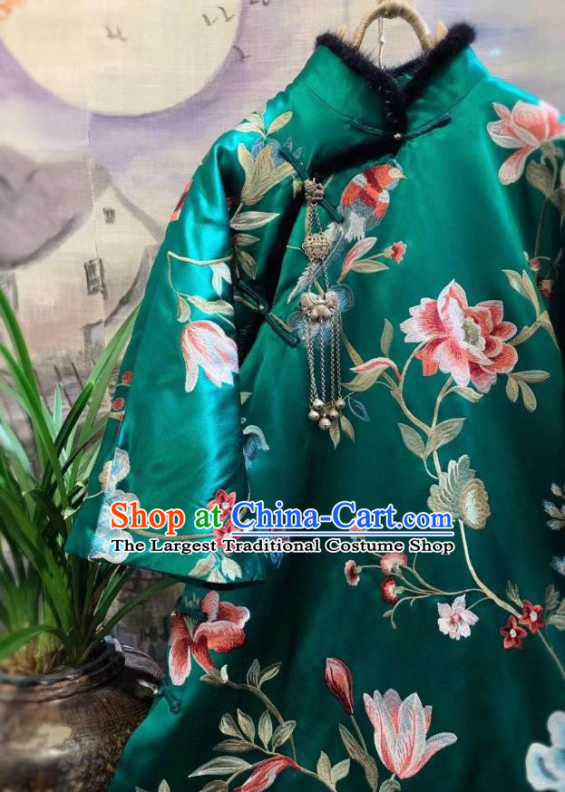 China Traditional Embroidered Peony Cotton Padded Jacket National Tang Suit Outer Garment Green Silk Coat