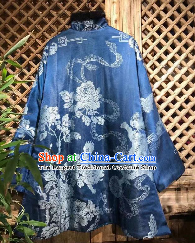 China Traditional Kylin Pattern Cotton Wadded Jacket National Tang Suit Outer Garment Classical Blue Silk Coat