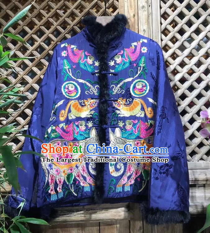 China Traditional Embroidered Cotton Padded Jacket National Tang Suit Outer Garment Royalblue Silk Coat