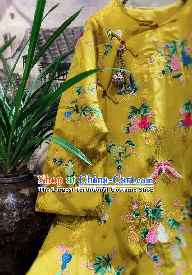China National Outer Garment Tang Suit Yellow Satin Cotton Padded Coat Traditional Embroidered Butterfly Jacket