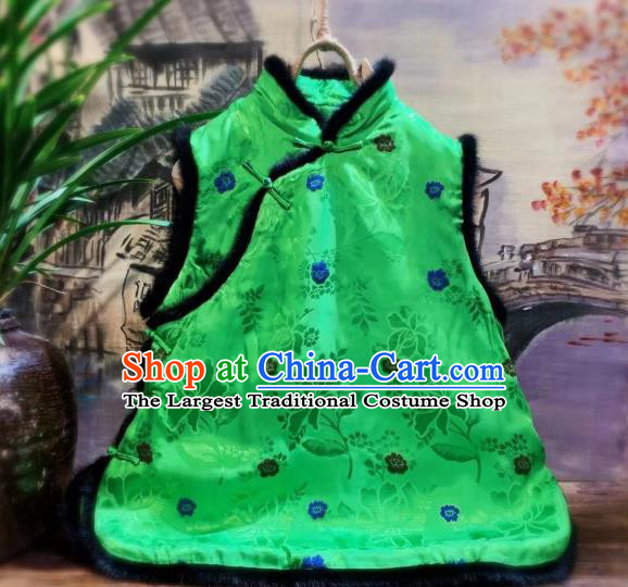 China Women Upper Outer Garment Clothing Tang Suit Green Silk Waistcoat National Winter Vest