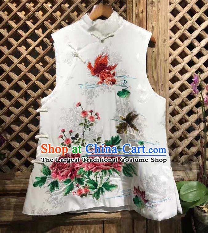 Republic of China Tang Suit White Silk Waistcoat Embroidered Peony Vest Clothing