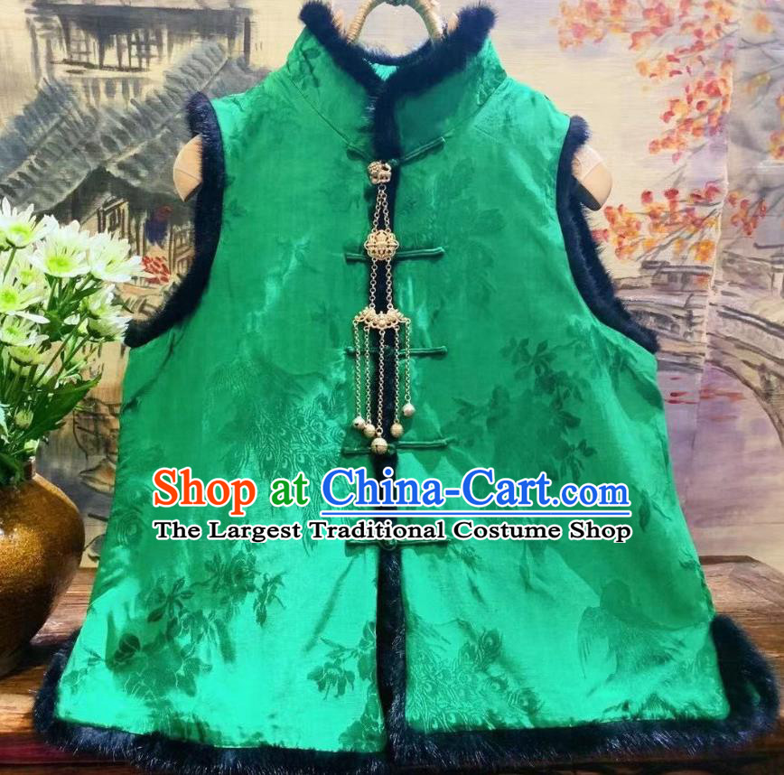 China National Women Upper Outer Garment Winter Clothing Peacock Pattern Silk Vest Tang Suit Green Waistcoat