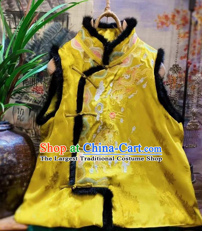 China Embroidered Dragon Golden Vest Tang Suit Silk Waistcoat National Upper Outer Garment Clothing