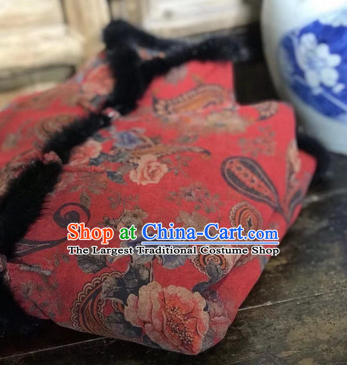 China Tang Suit Cotton Padded Coat National New Year Outer Garment Traditional Flowers Pattern Red Jacket
