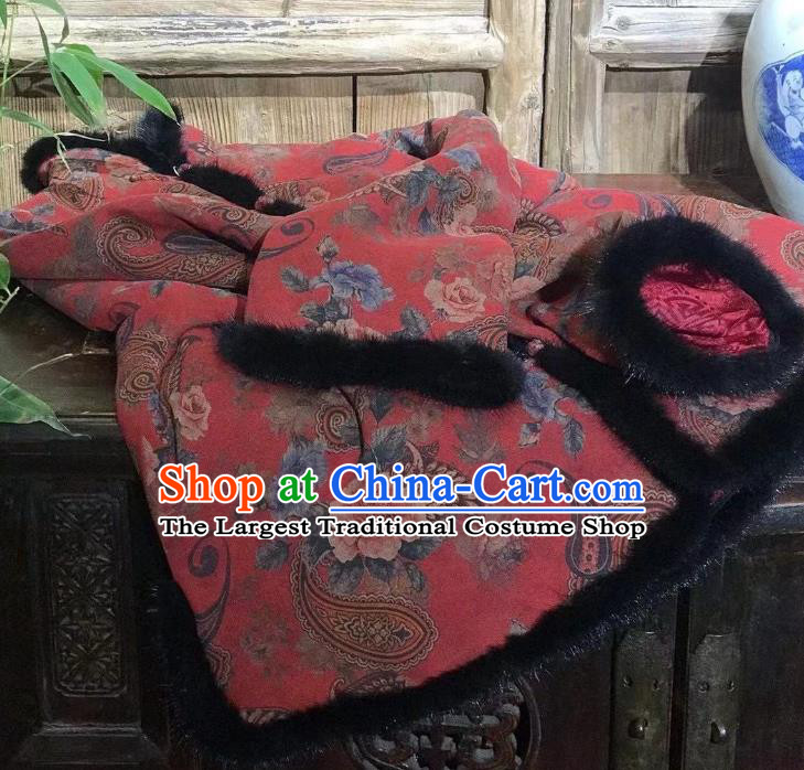 China Tang Suit Cotton Padded Coat National New Year Outer Garment Traditional Flowers Pattern Red Jacket