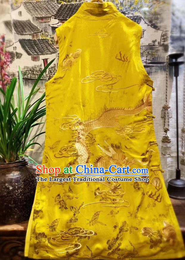 China National Female Clothing Embroidered Goldfish Long Vest Tang Suit Yellow Silk Waistcoat