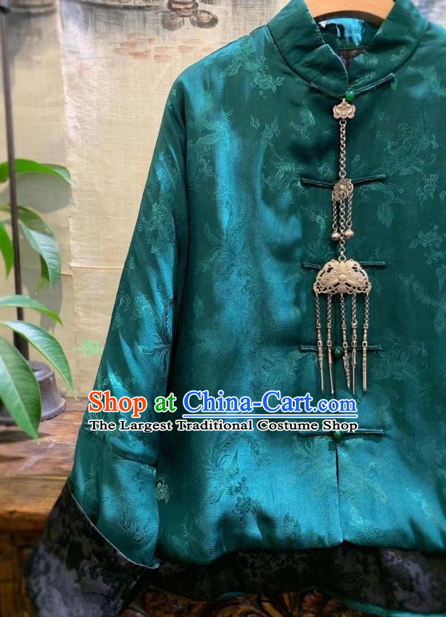 China Traditional Green Silk Jacket National Outer Garment Tang Suit Cotton Padded Coat