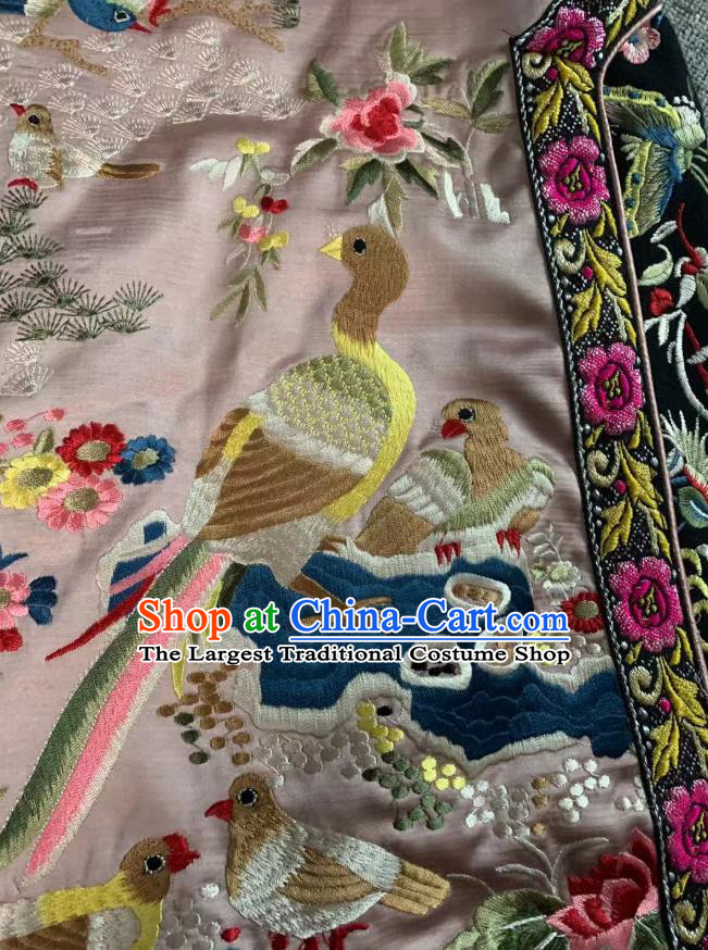 China Tang Suit Pink Silk Long Waistcoat National Female Clothing Embroidered Birds Cotton Wadded Vest