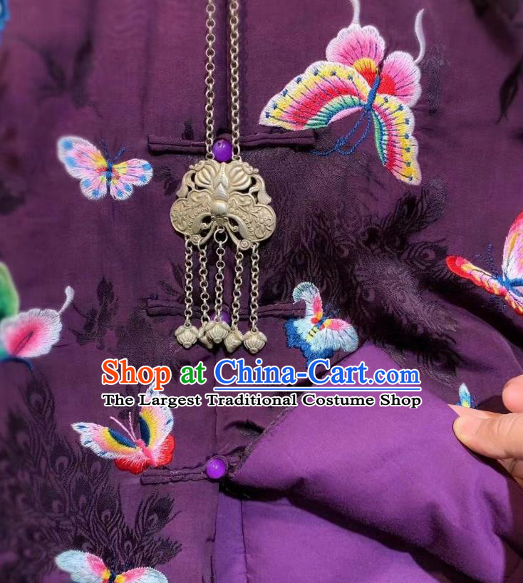 China Tang Suit Cotton Padded Coat Clothing Traditional Embroidered Butterfly Purple Silk Jacket