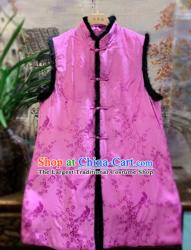 China Tang Suit Pink Waistcoat National Women Upper Outer Garment Clothing Plum Blossom Pattern Silk Vest