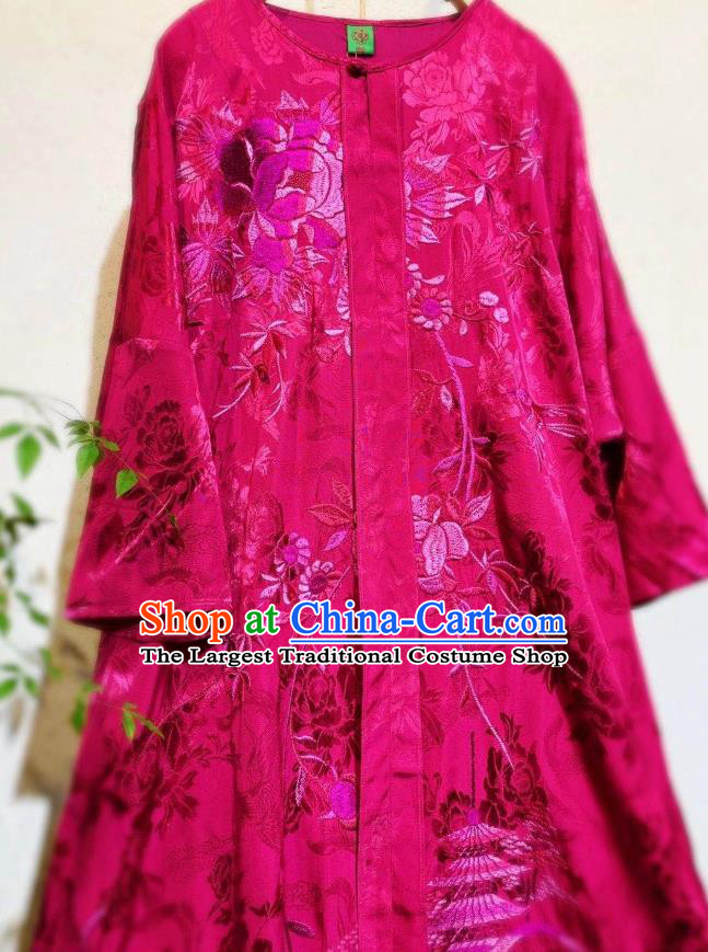 Chinese Traditional Rosy Silk Cheongsam National Clothing Embroidered Long Qipao Dress