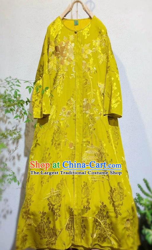 Chinese Embroidered Long Qipao Dress Traditional Yellow Silk Cheongsam National Clothing