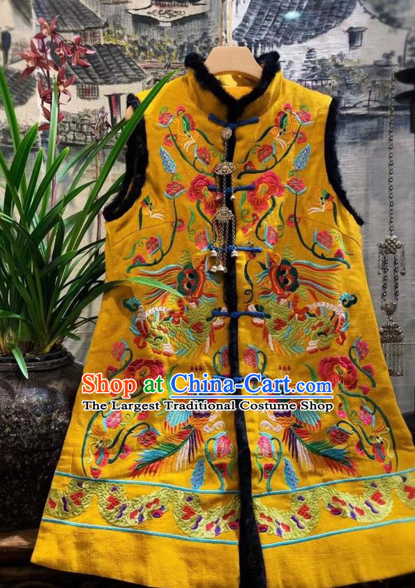 China Embroidered Dragons Yellow Vest Tang Suit Long Waistcoat National Winter Clothing
