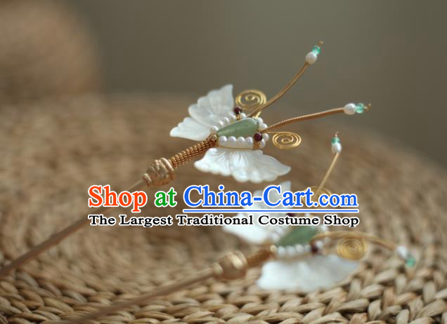 Chinese Handmade Song Dynasty White Shell Butterfly Hairpin Traditional Hanfu Hair Accessories Ancient Princess Pearls Hair Stick