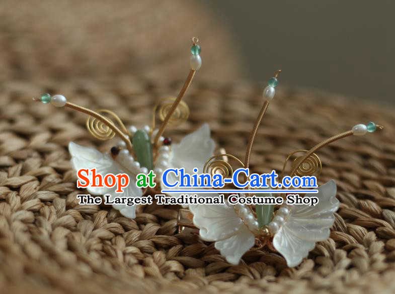 Chinese Handmade Song Dynasty White Shell Butterfly Hairpin Traditional Hanfu Hair Accessories Ancient Princess Pearls Hair Stick
