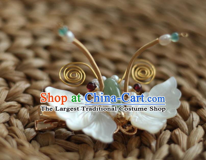 Chinese Handmade Jade Pearls Hairpin Traditional Hanfu Hair Accessories Ancient Princess White Shell Butterfly Hair Claw