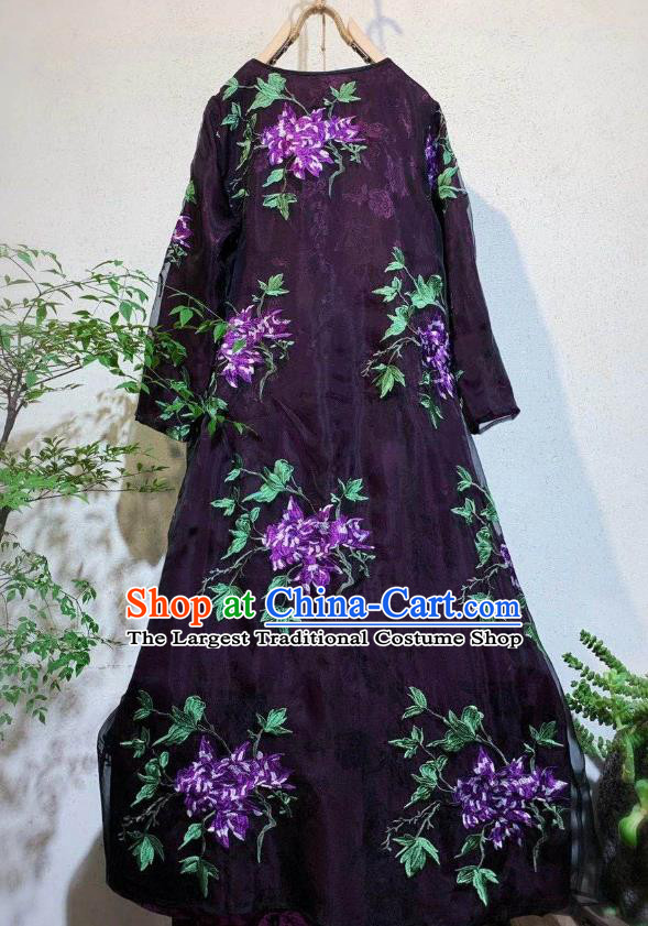 Chinese National Clothing Deep Purple Silk Qipao Dress Traditional Embroidered Cheongsam