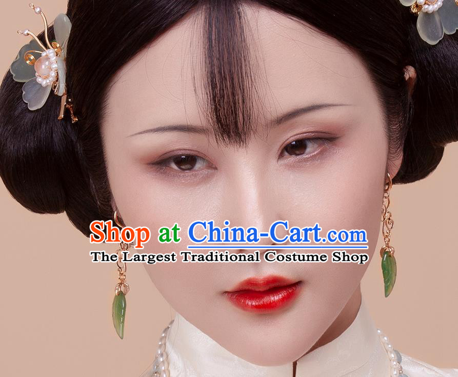 China Traditional Ming Dynasty Earrings Ancient Princess Jade Leaf Ear Jewelry