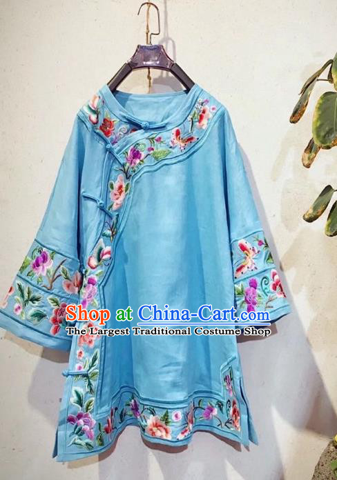 China Tang Suit Shirt Clothing National Embroidered Upper Outer Garment Traditional Blue Flax Blouse