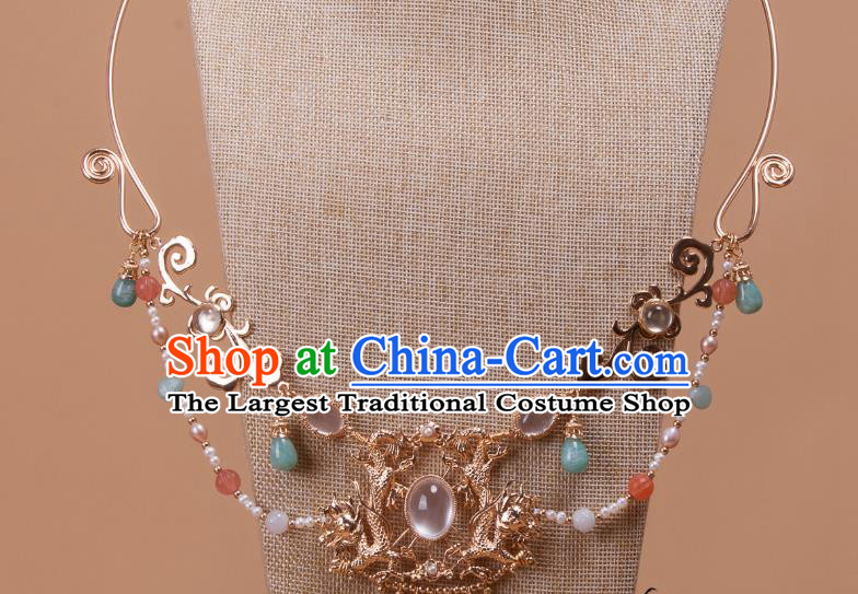 China Traditional Hanfu Beads Tassel Necklace Handmade Ancient Princess Golden Dragon Necklet Accessories