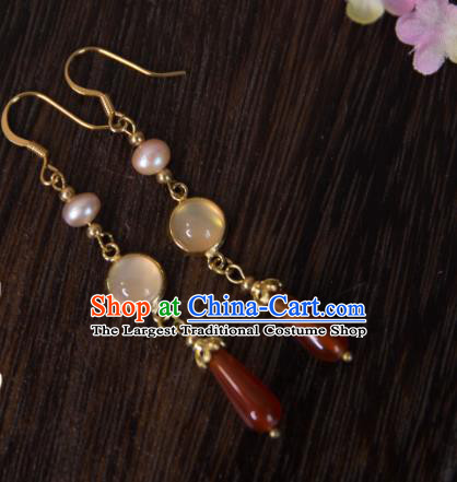 China Traditional Hanfu Agate Earrings Ancient Ming Dynasty Princess Pearl Ear Jewelry