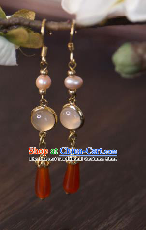 China Traditional Hanfu Agate Earrings Ancient Ming Dynasty Princess Pearl Ear Jewelry